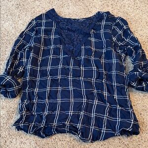 Express Navy Checkered Blouse with Lace